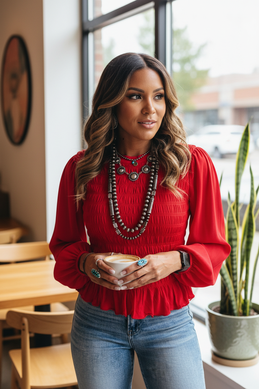 A woman wearing a vibrant red Chic Smocked Ruffle Hem Boho Blouse with a smocked bodice and ruffled hem, paired with blue jeans and layered statement necklaces, holding a cup in a bright cafe setting.