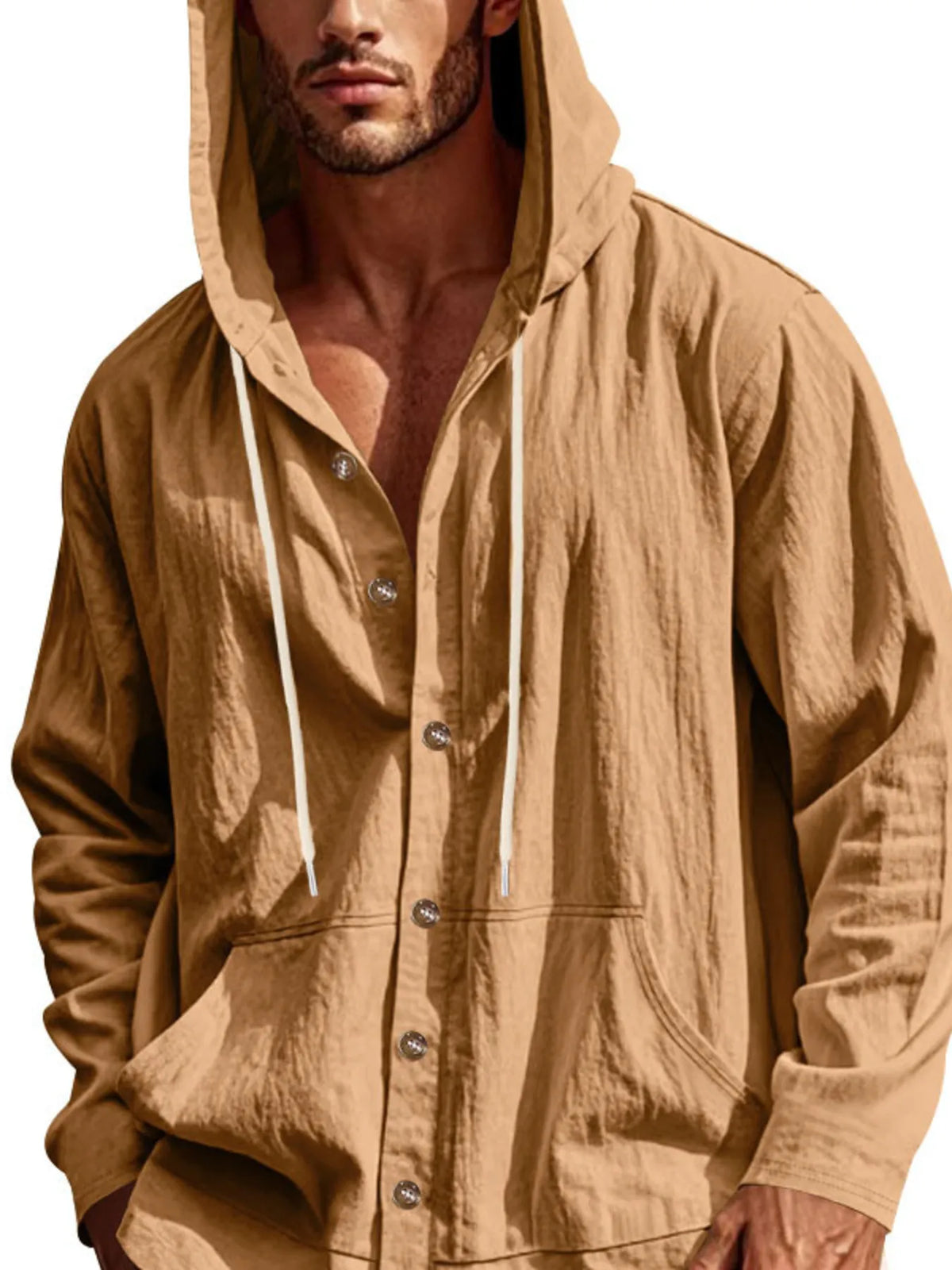 Men's Earthy Yellow colored Button Up Drawstring Hooded Top 