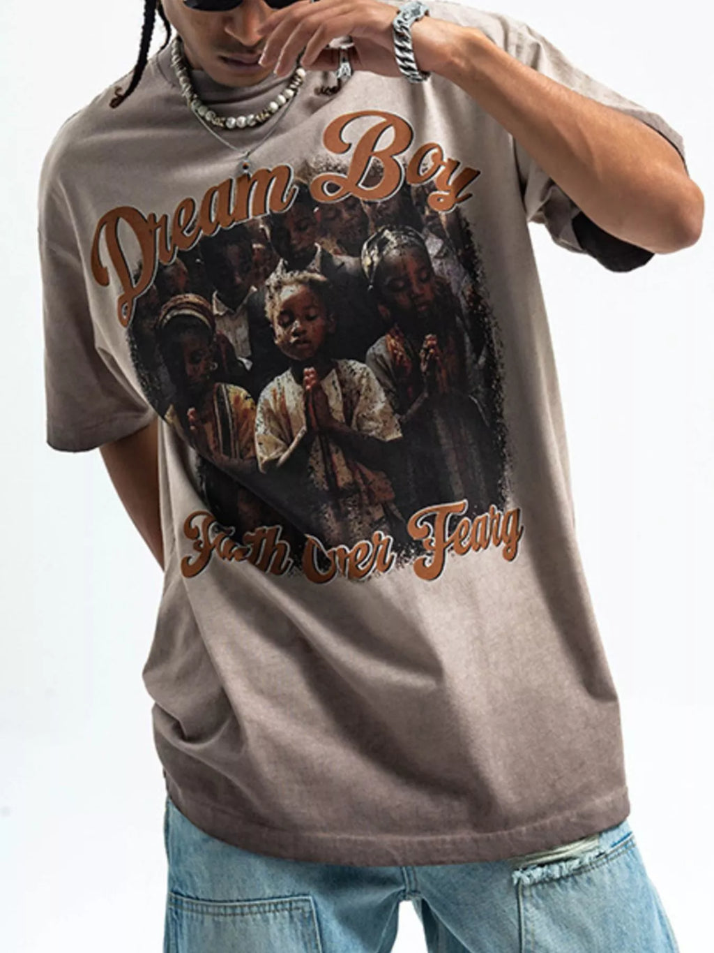 Men's "Dream Boy" Graphic khaki  T-Shirt front view