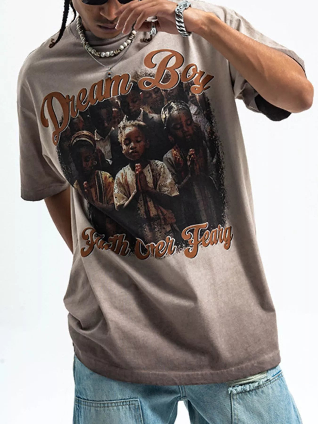 Men's "Dream Boy" Graphic khaki  T-Shirt front view
