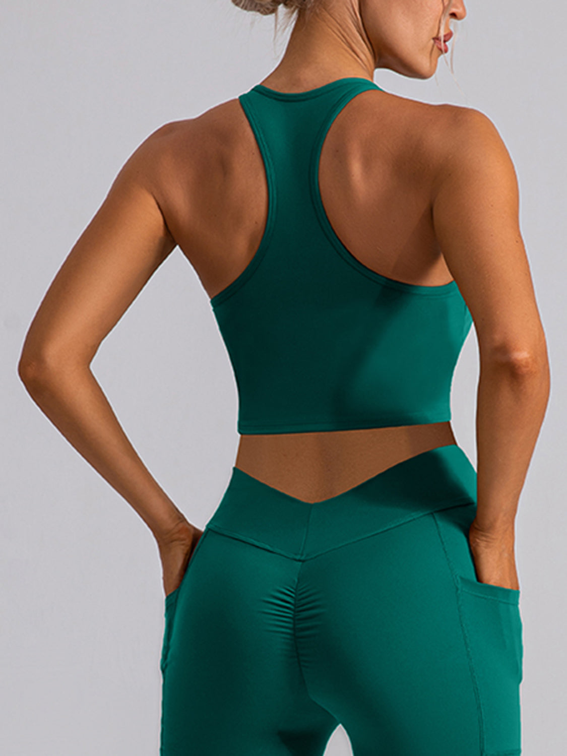 Ladies Dark Green Supportive Performance Racerback Cropped Tank- Back view