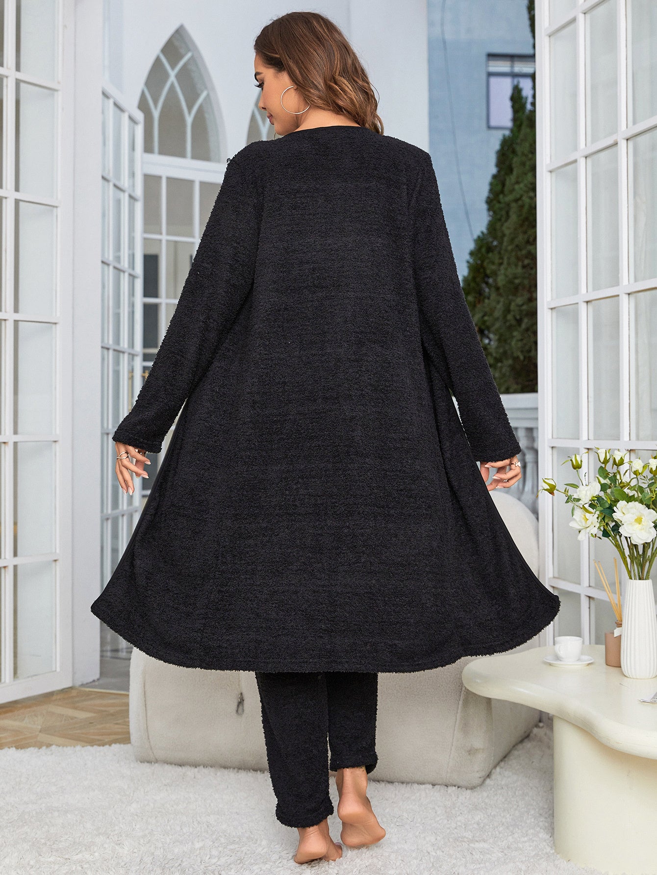 Plush Reverie: Fuzzy 3-Piece Lounge Elegance Sweatsuit with Open-Front Cardigan