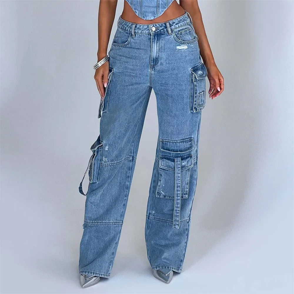 Women's Fashion Straight Multi-Pocket Cargo Jeans