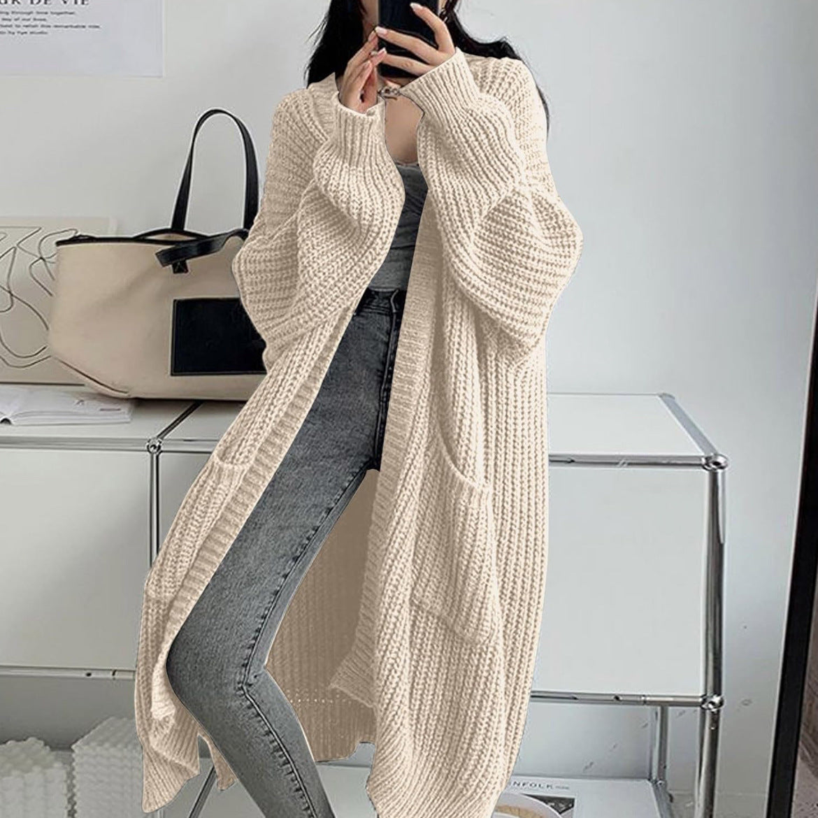 Whispered Opulence: Loose Thick Knit Coat in Effortless Chromatic Grace