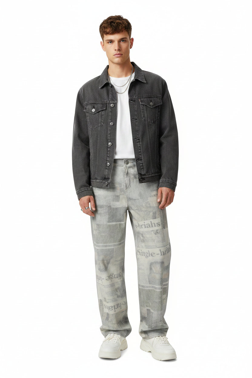 Model wearing Men's Vintage Newspaper Print Wide Leg Baggy Jeans