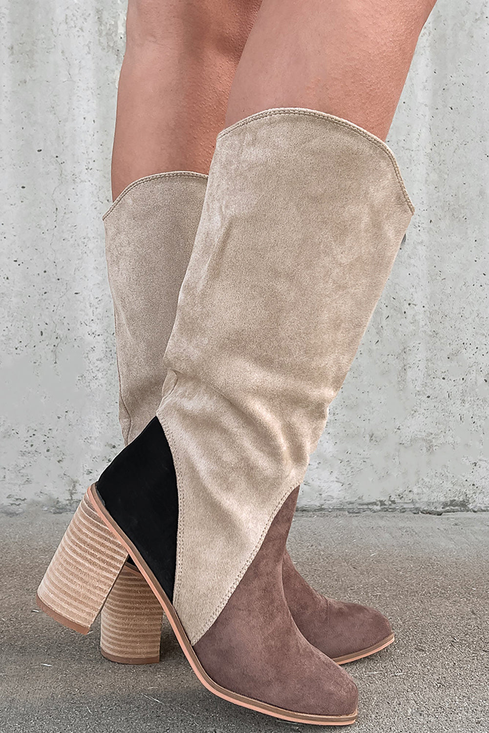 Beige and brown knee-high boots side view