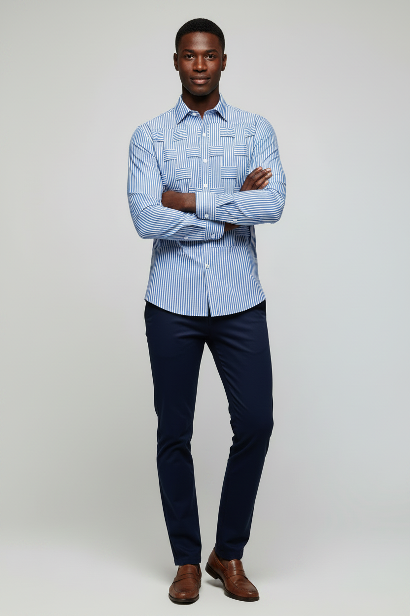 Male model wearing a Men's Dynamic Striped Long Sleeve Shirt blue