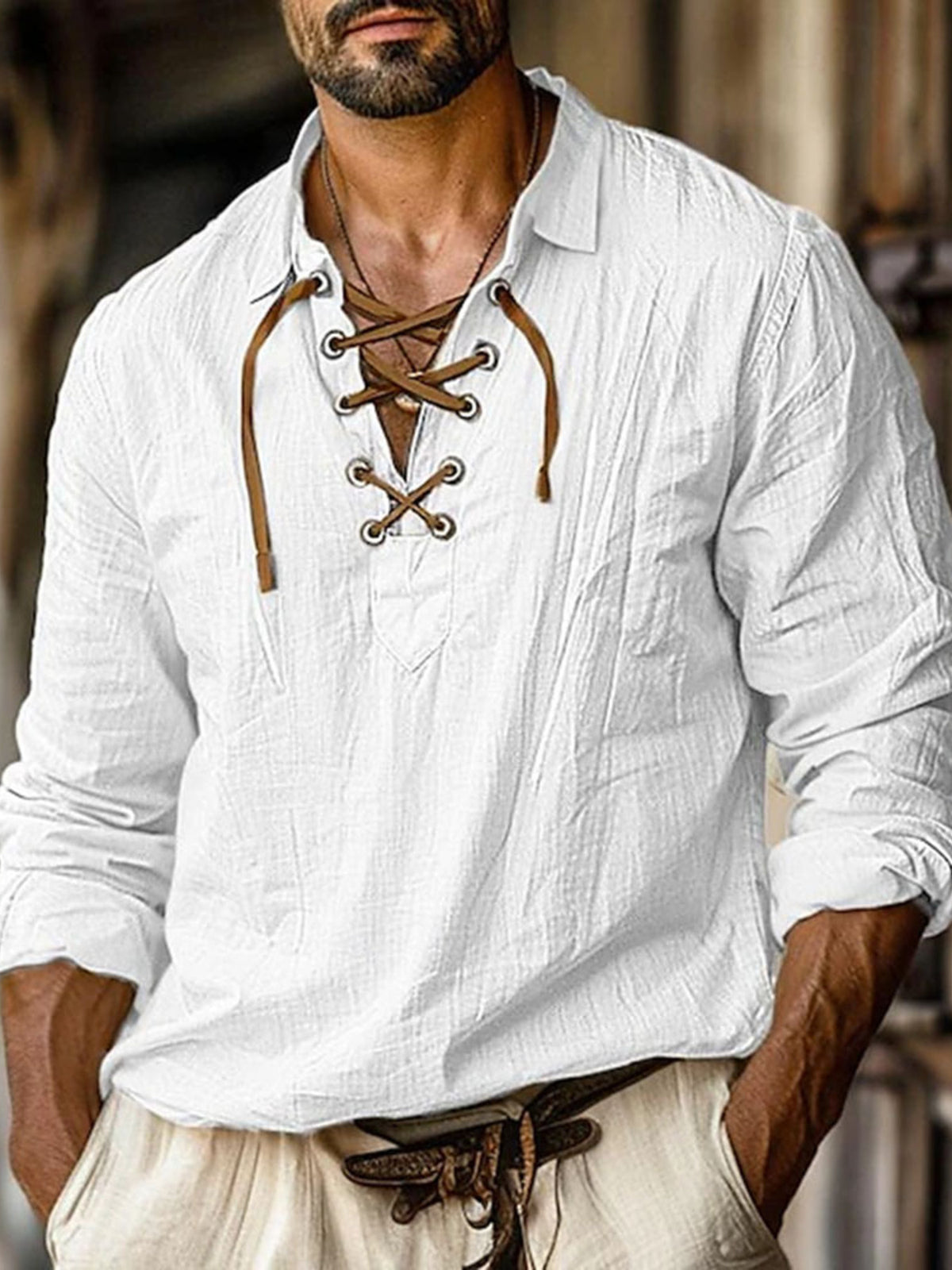 Men's Heritage Lace-Up Henley Long Sleeve Shirt white