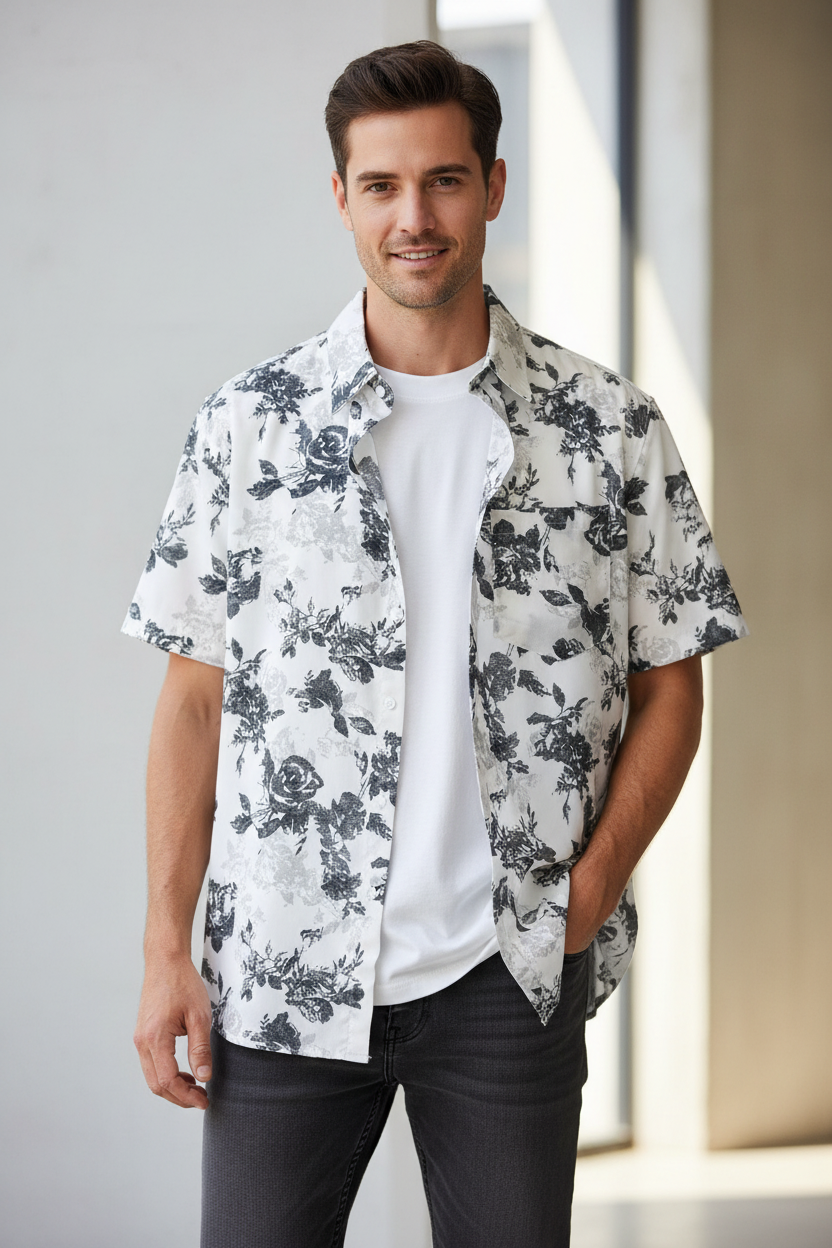 Model wearing a Men's Flower Printed Button Up white Short Sleeve Shirt