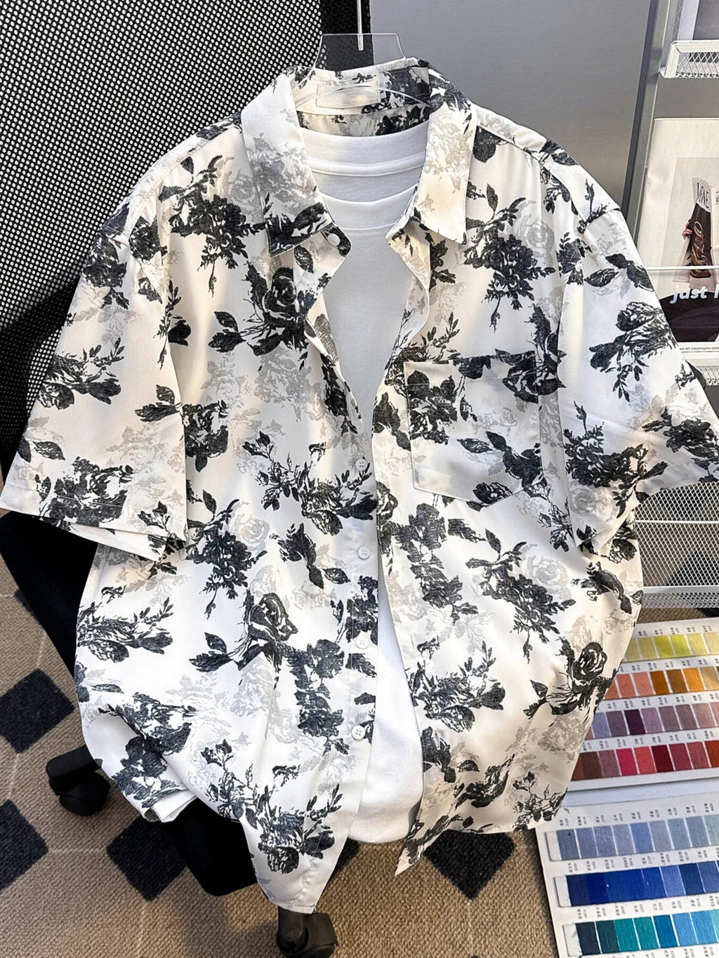 Men's Flower Printed Button Up white Short Sleeve Shirt front
