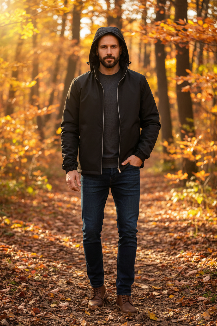 Model wearing a Men's Fall Breeze Lightweight Hooded black Jacket