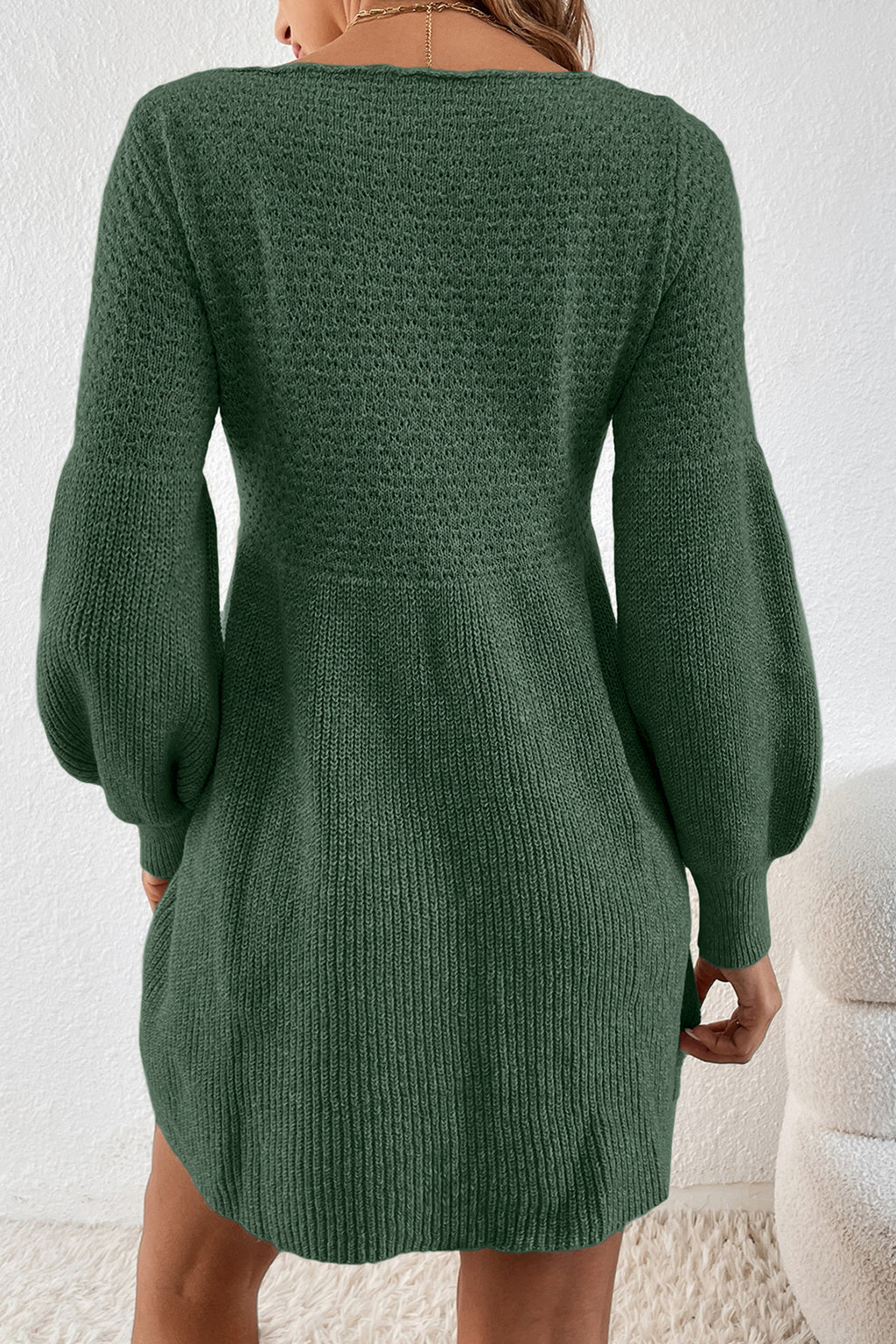 Empire Waist Lantern Sleeve Sweater Dress  worn by a person. Back view