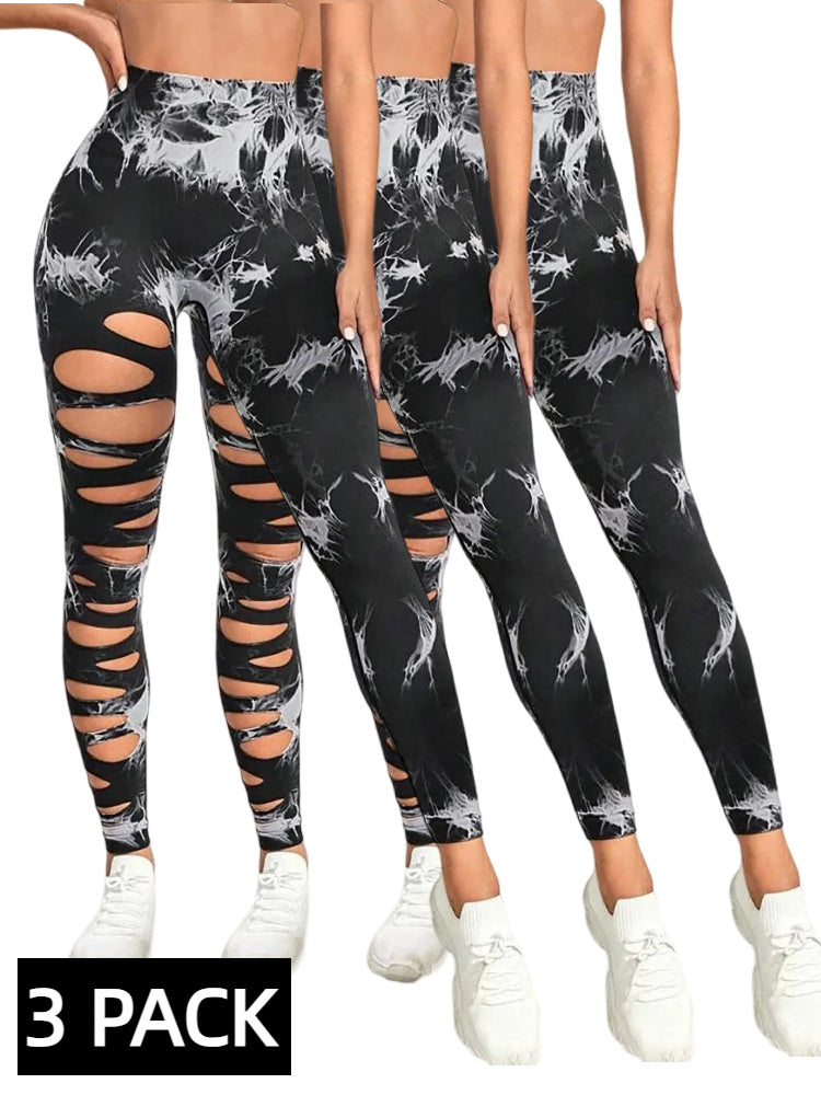 Black and white patterned leggings with distressed design, shown in a 3-pack on a white background.