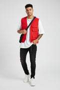Male model wearing a Men's Modern Solid Color Multi Pockets Vest (Red)