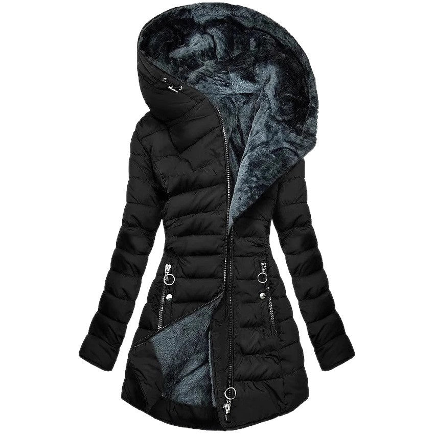 Velvet Whisper: Hooded Long-Sleeved Warm Cotton Puffer Jacket in Bold Hues