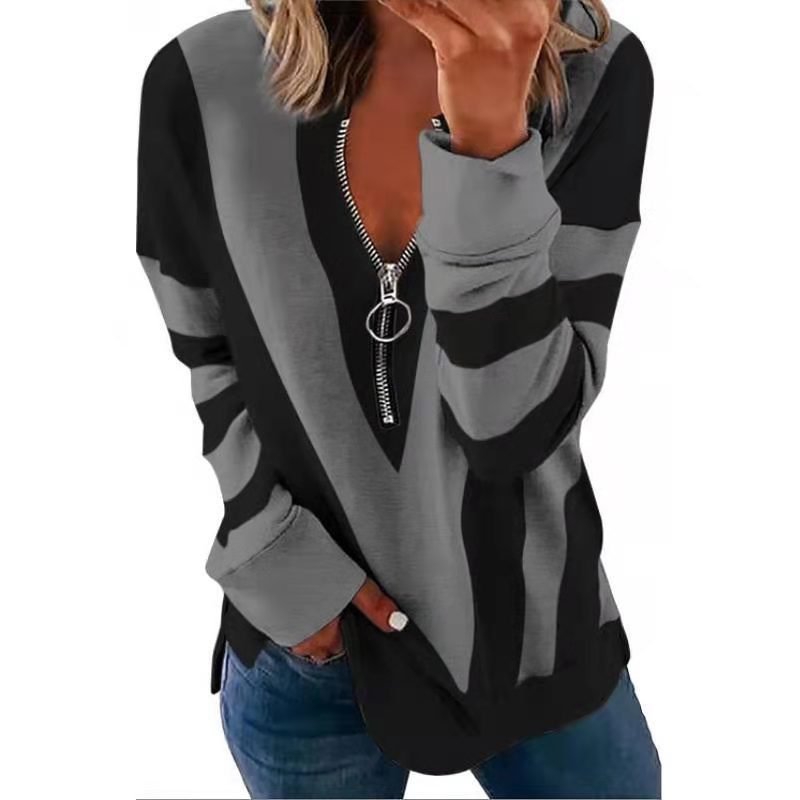 Black and gray striped hoodie with a zipper on a white background