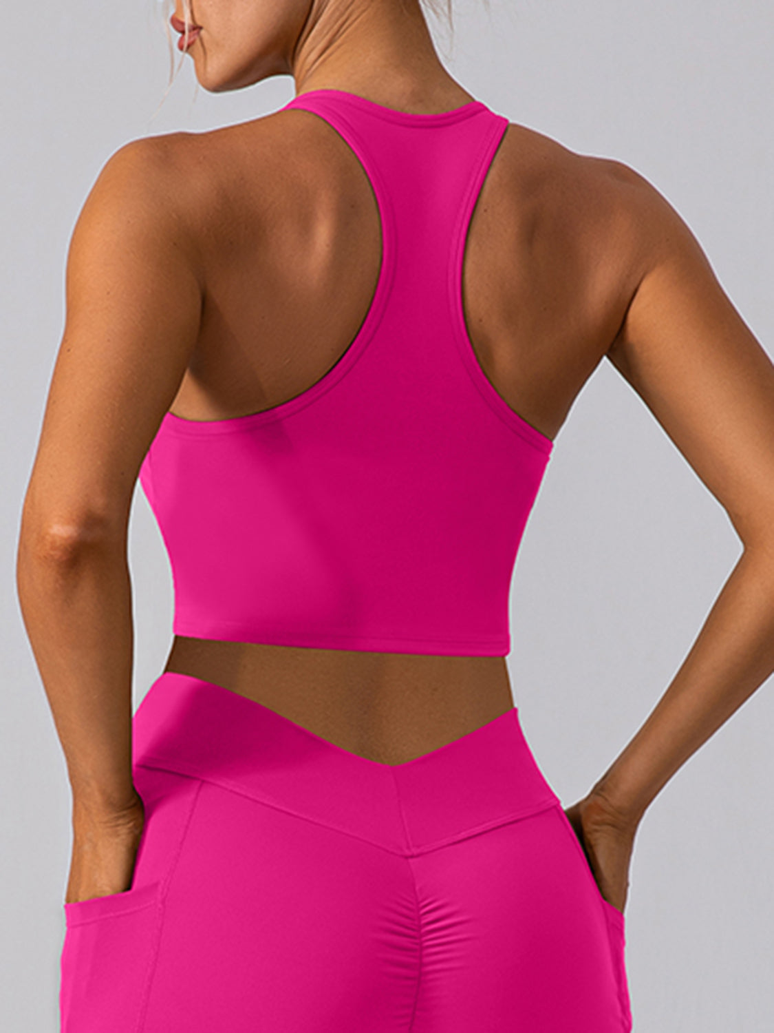 Ladies Hot Pink Supportive Performance Racerback Cropped Tank-back view