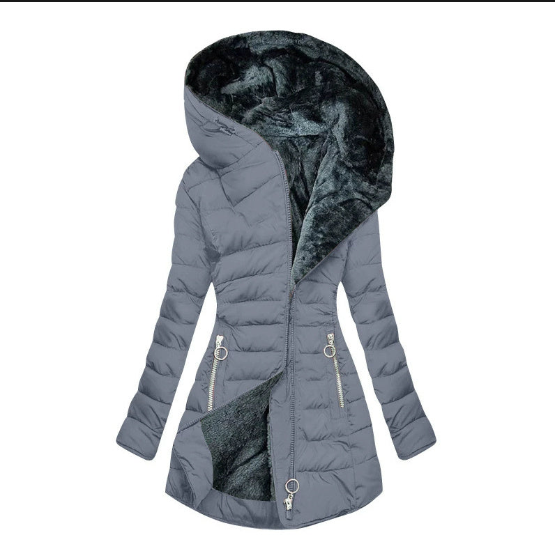 Velvet Whisper: Hooded Long-Sleeved Warm Cotton Puffer Jacket in Bold Hues