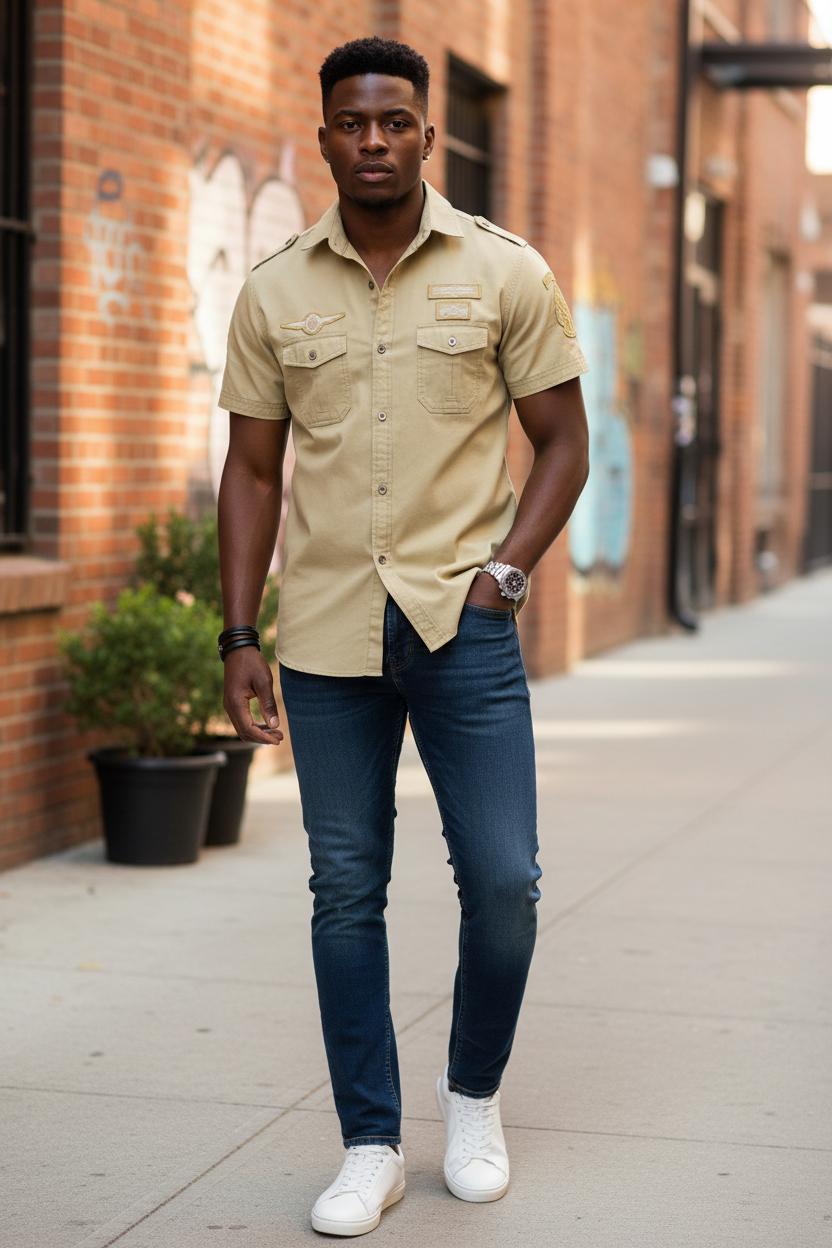 Model wearing a Men's Embroidered Patchwork Short Sleeve Collard Shirt