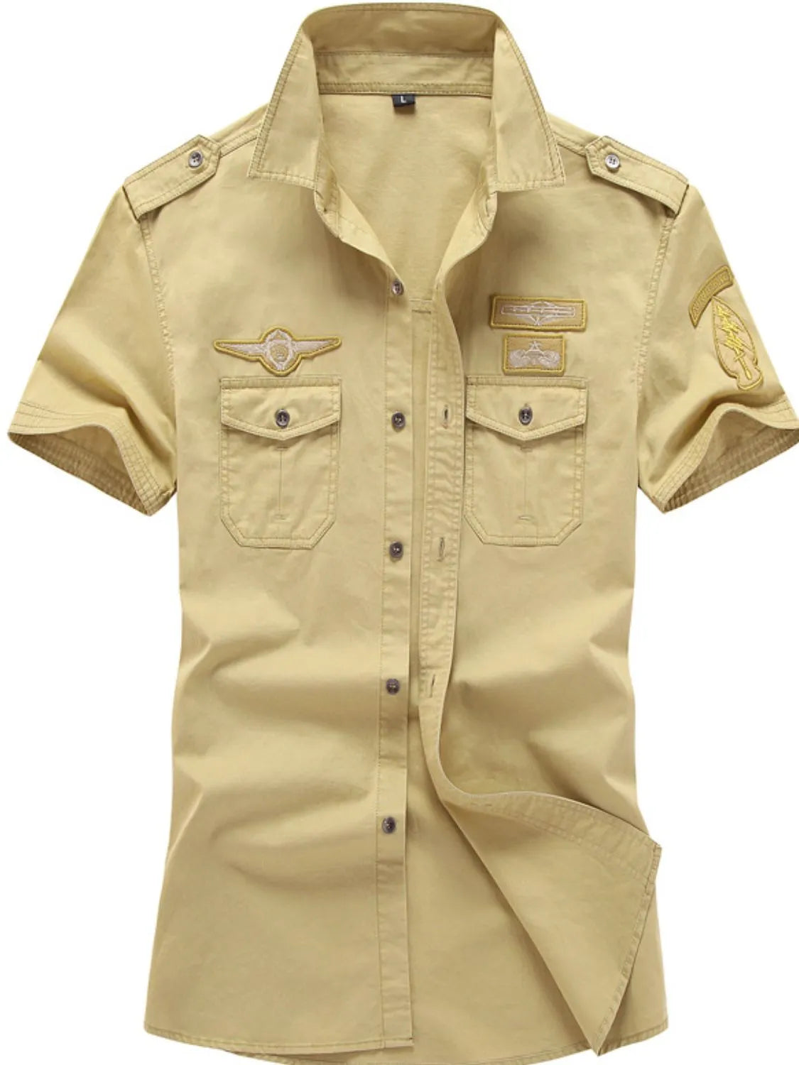 Tan yellow Embroidered patchwork Collared Neck Short Sleeve Shirt 