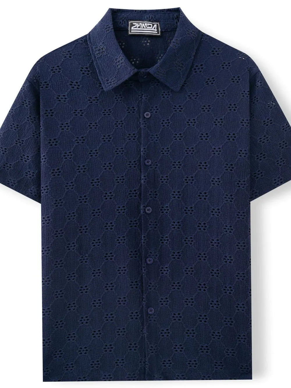 Men's Navy Blue Perforated Short Sleeve Casual Button Down Shirt