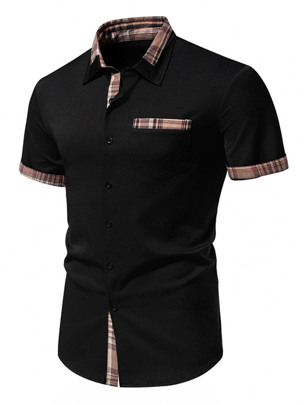 Men's black Short Sleeve Stylish Plaid Trim Button Down Shirt side angle view