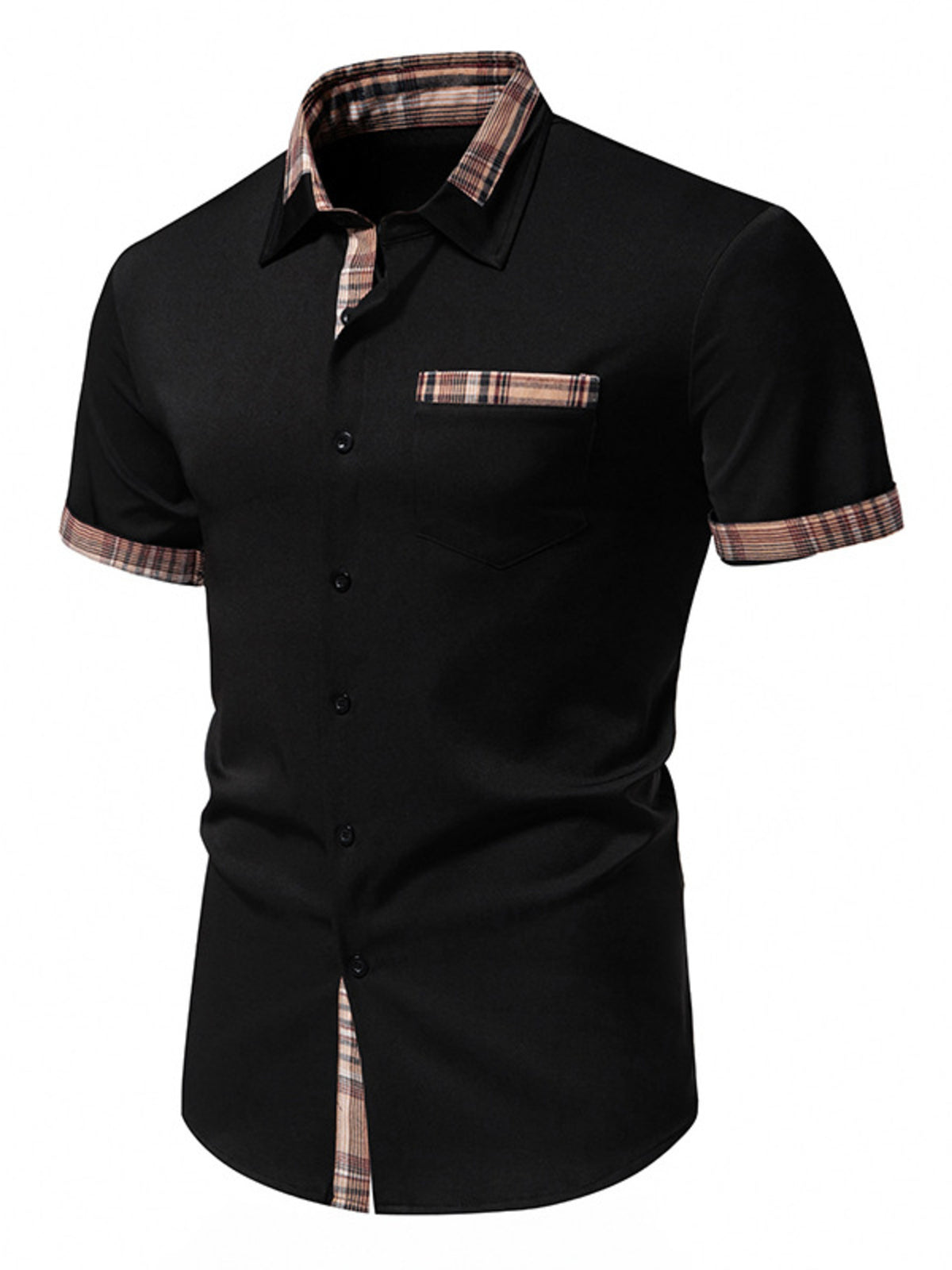 Men's black Short Sleeve Stylish Plaid Trim Button Down Shirt side angle view