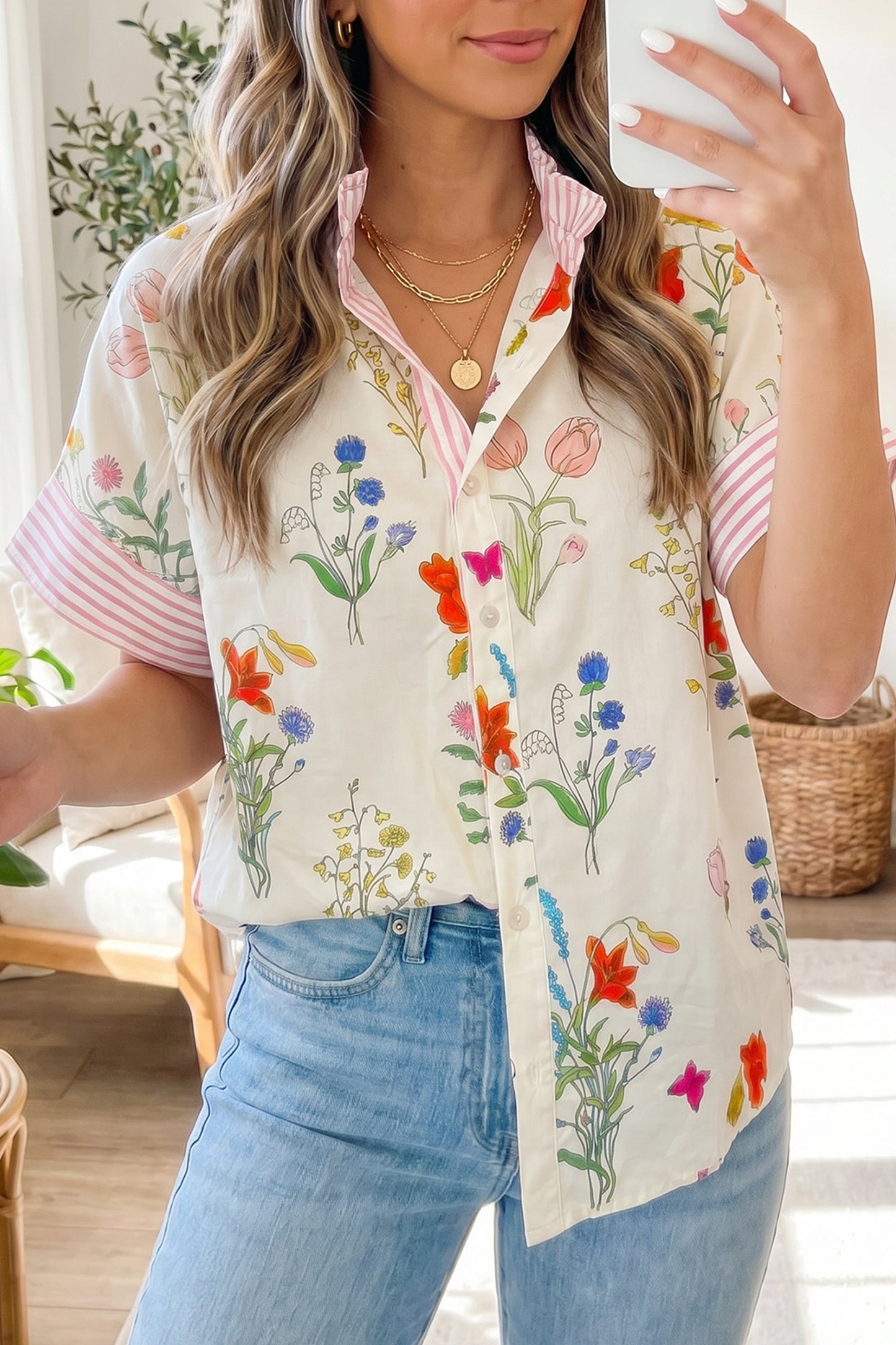 Woman wearing a floral embroidered shirt and blue jeans indoors.