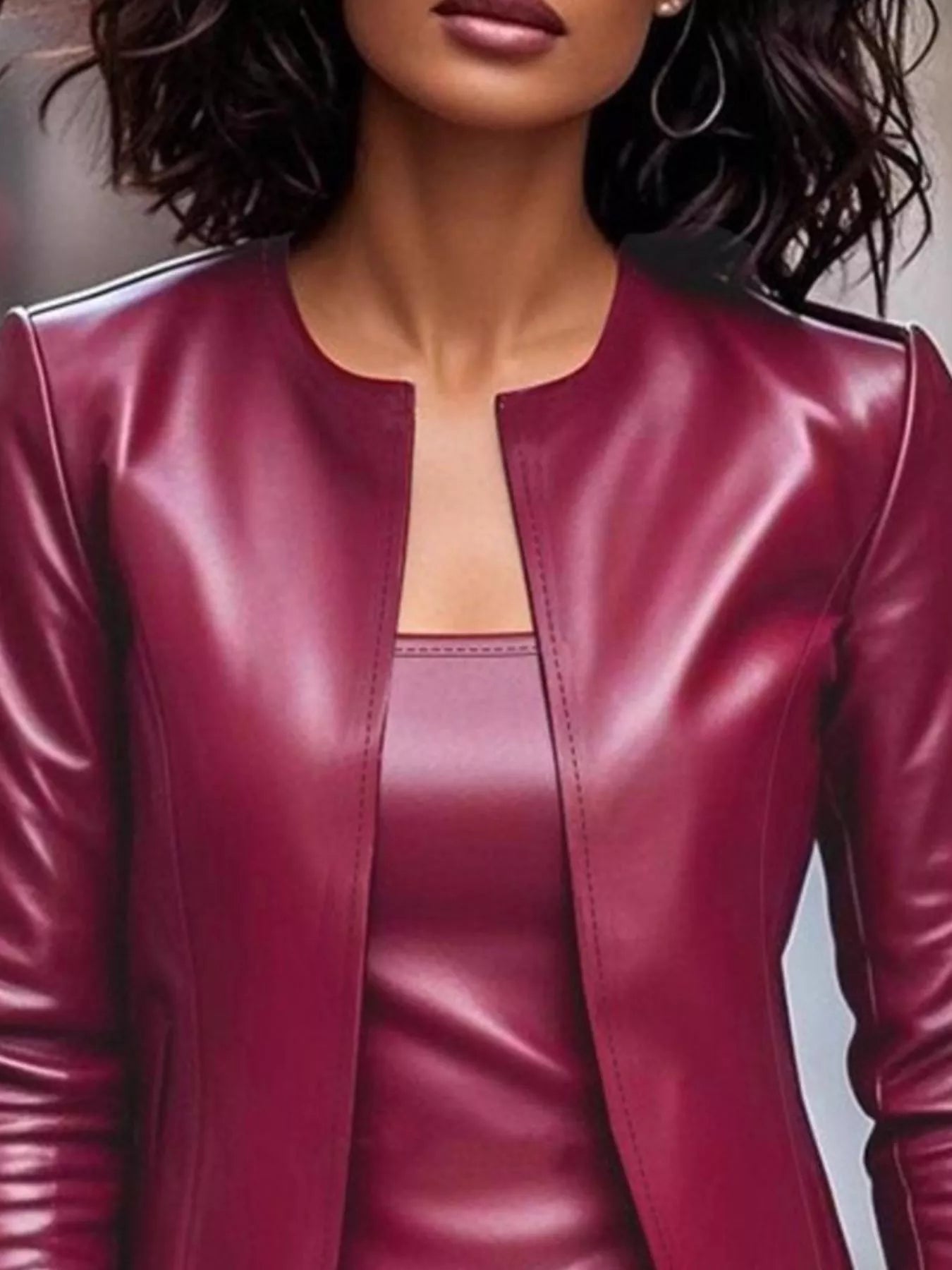 Close-up of a person wearing a burgundy leather jacket.