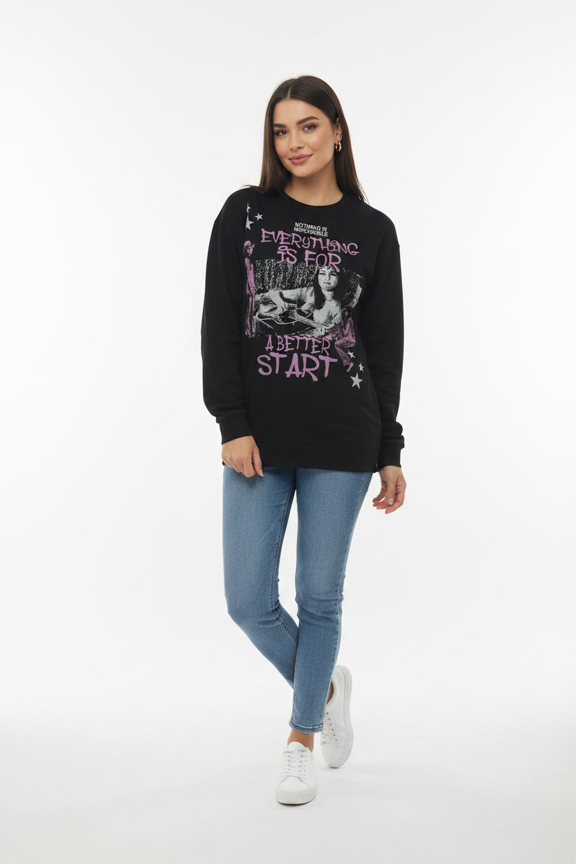 Female model wearing a black Fierceguy Unisex "Better Start" Graphic Long Sleeve T-Shirt