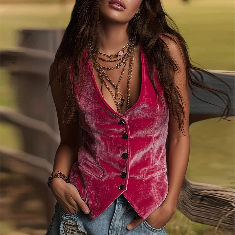 Velvet Nomad: Bohemian V-Neck Button-Down Sleeveless Vest for Effortless Layering