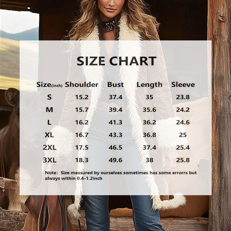 Woman wearing a long coat with a size chart overlay