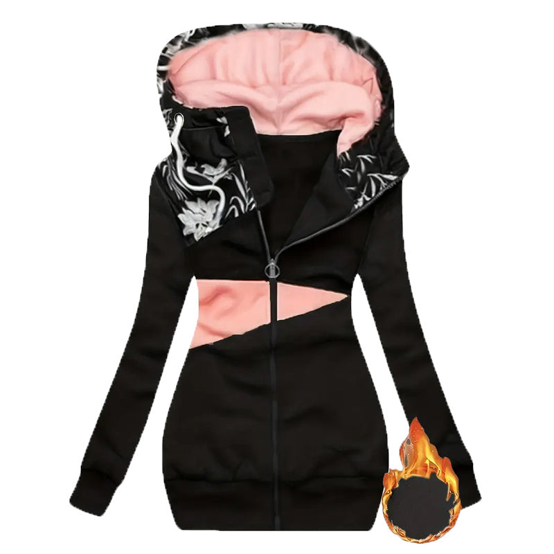 Vibrant Mosaic Mastery: Color-Block Hooded Full-Zip Jacket for Effortless Elegance