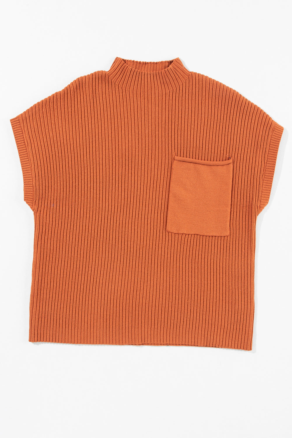 Orange ribbed knit sleeveless sweater with a pocket on a white background