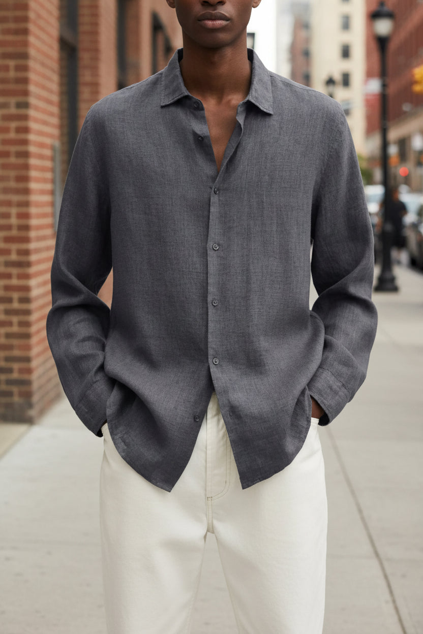 Person wearing a gray Men's Urban Casual Button-Down Long Sleeve Shirt 