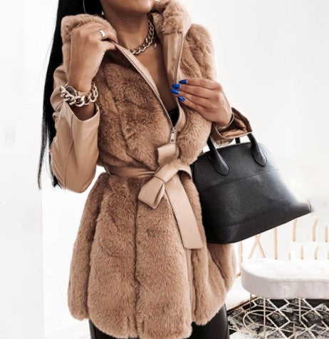 Opulent Fur-Trimmed Elegance: Belted Hooded Zipper Jacket in Luxe Shad