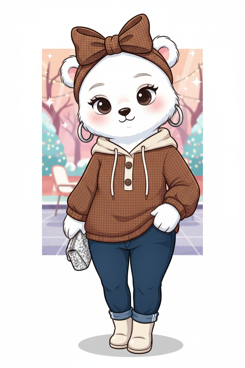 Cute cartoonist female polar bear wearing a coffee brown waffle contrast hooded pullover shirt