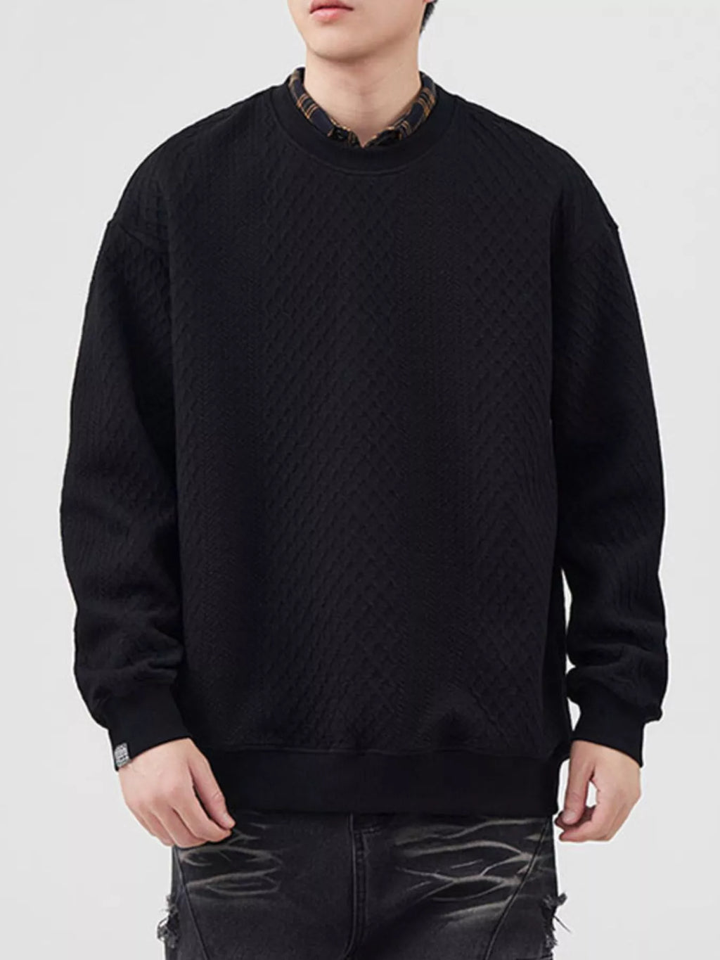 Model wearing a Men's Black Waffle Knit Sweatshirt front view