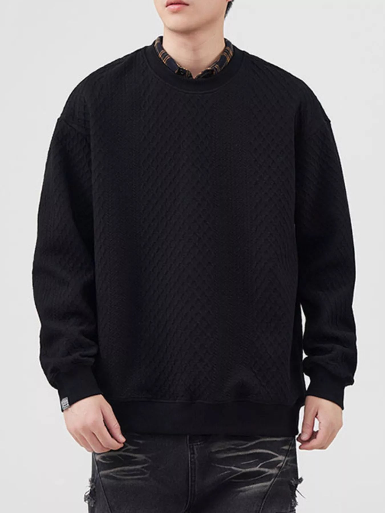 Model wearing a Men's Black Waffle Knit Sweatshirt front view