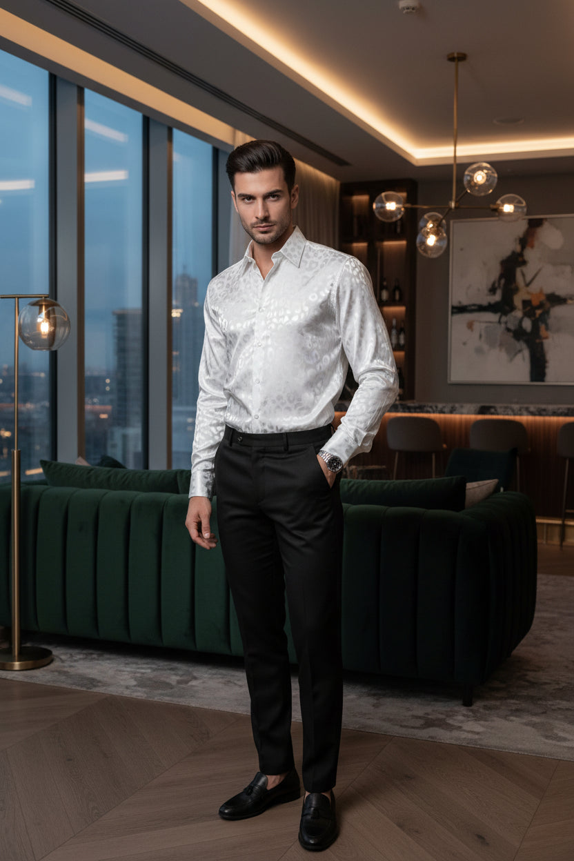 Male model wearing a White Leopard pattern Button Down Satin Shirt  