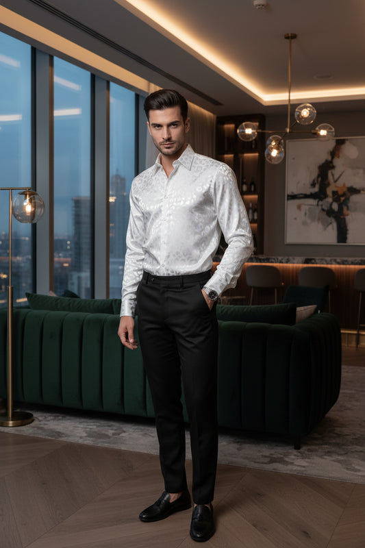 Male model wearing a White Leopard pattern Button Down Satin Shirt  