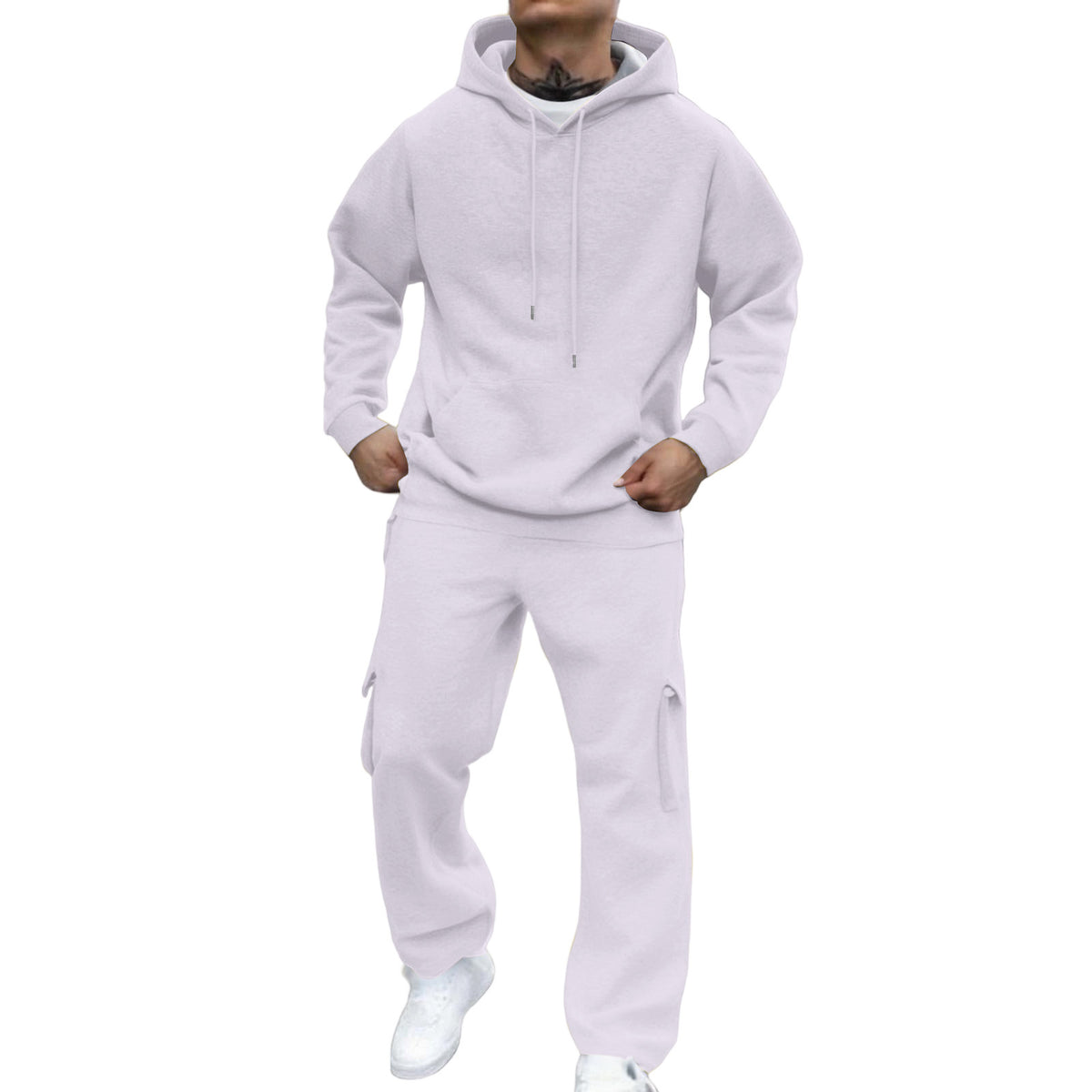 Model wear a Men's Winter Cargo Sweat Suit Set white 