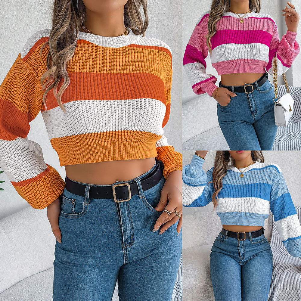 Three images of a person wearing colorful striped sweaters and blue jeans.