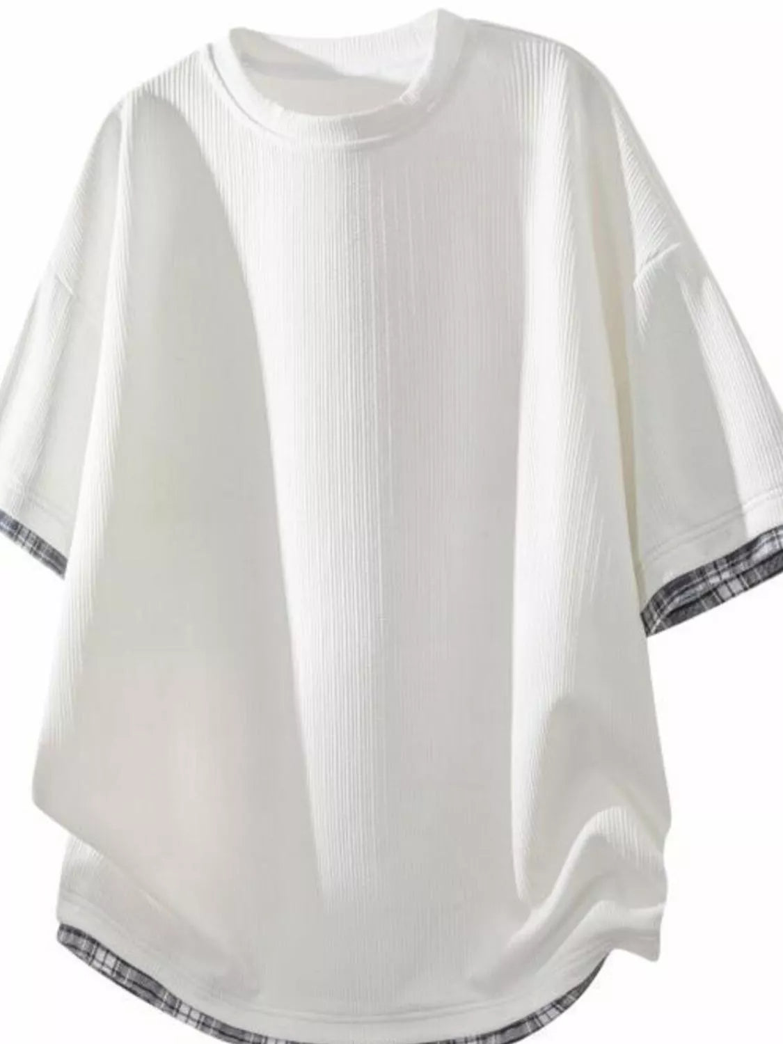 Men's Short Sleeve Plaid Trim white T-Shirt