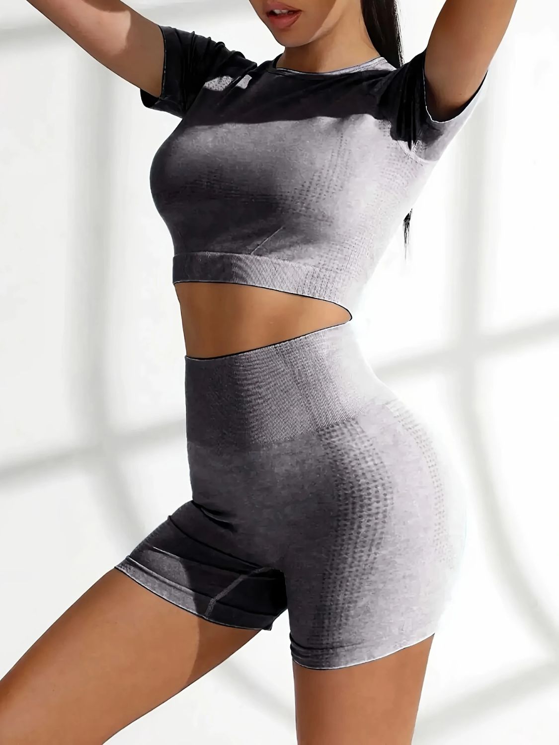 Women's Dark Gray Comfortable Lightweight Top and Shorts Exercise Set-front view