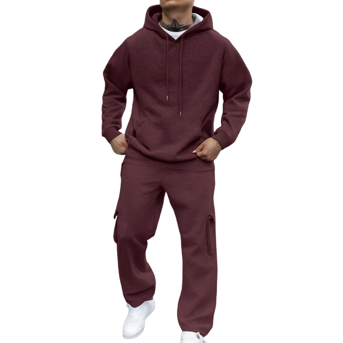 Model wear a Men's Winter Cargo Sweat Suit Set wine red