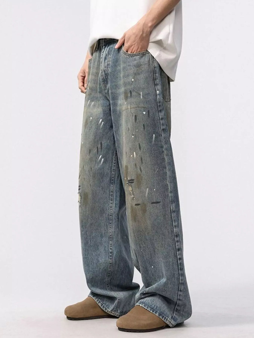 Men's Graphic Wide Leg Washed Jeans-Vintage Streetwear Statement Fit left angle view