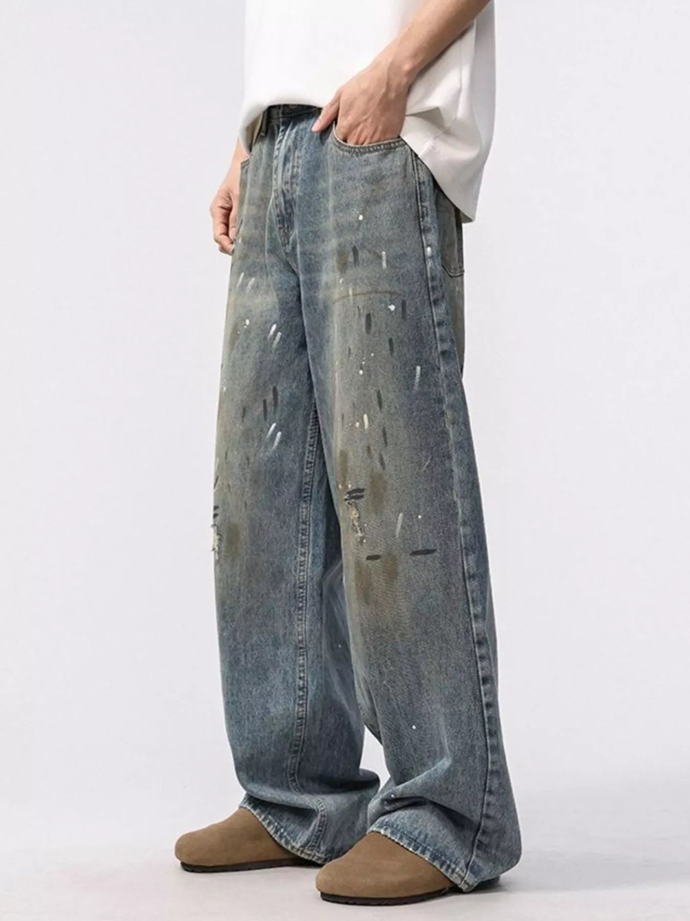 Men's Graphic Wide Leg Washed Jeans-Vintage Streetwear Statement Fit left angle view