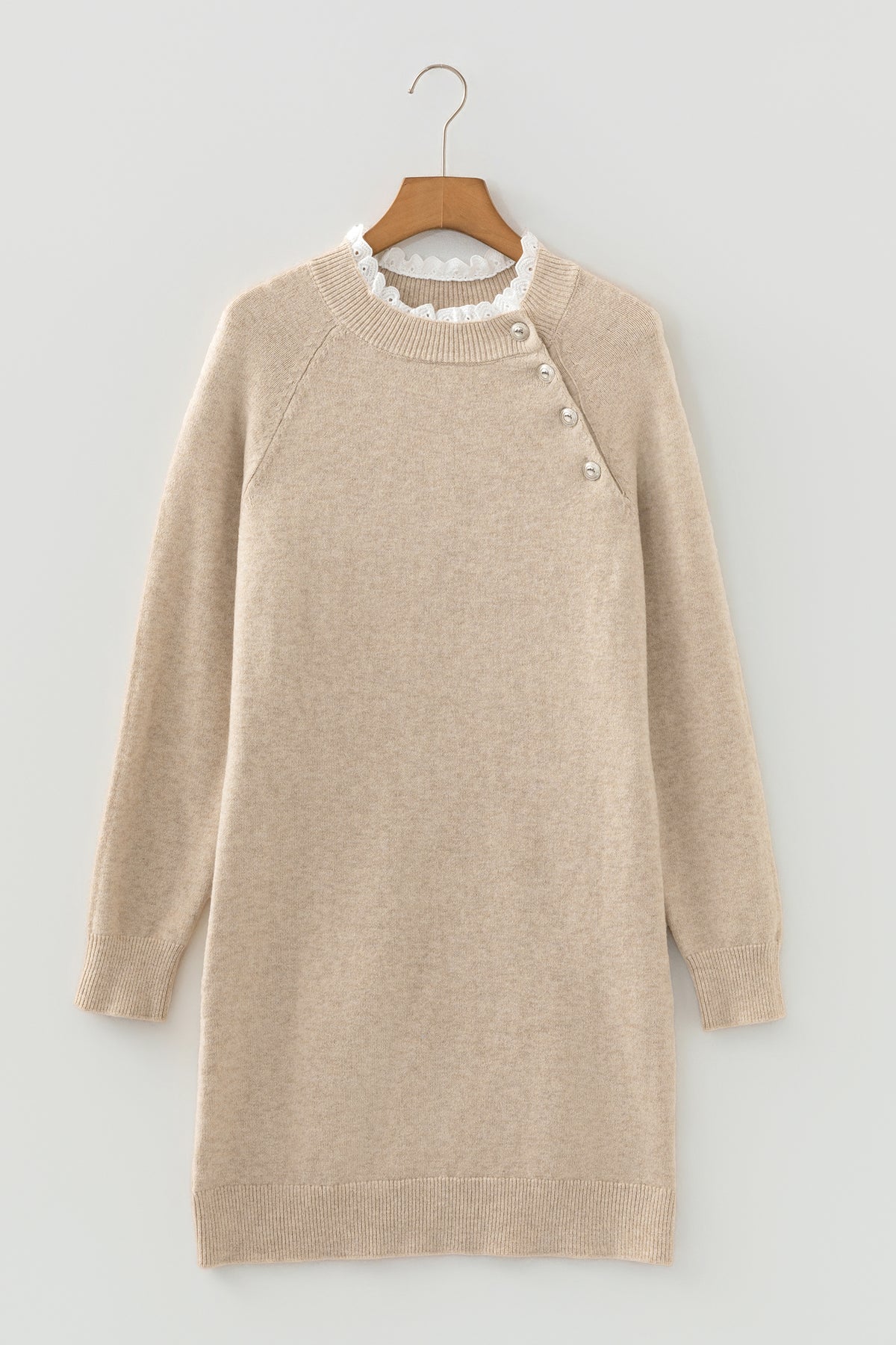 Beige Cross Shoulder Mini Sweater Dress on a hanger front view