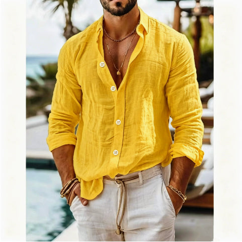 Model wearing a yellow Men's Effortless Linen Blend Button Shirt